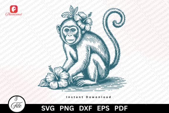 Download Hand Drawn Floral Vintage Monkey SVG PNG - Drawn Collection